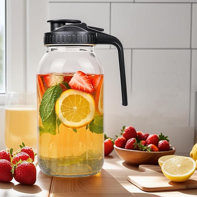 3 Pack 64oz Glass Mason Jar Pitcher with Airtight Lid and Handle – Wide Mouth, Leak-Proof, Ideal for Sun Tea, Cold Brew, Lemonade, Iced Coffee, Milk, and Water