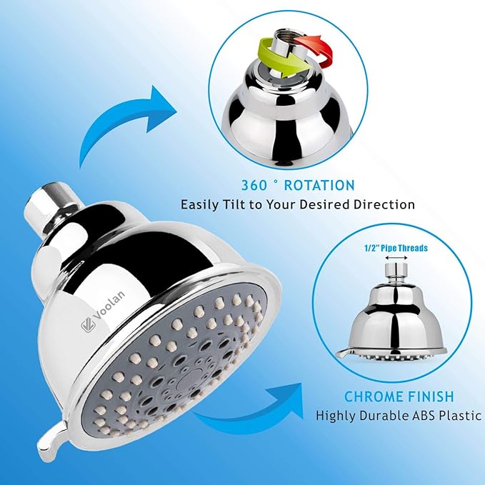 Voolan High Pressure Shower Head - 4 Inches Rain Showerhead - 5 Spray Settings - Luxury Modern Chrome Look - Perfect Adjustable Replacement for Bathroom Shower Heads