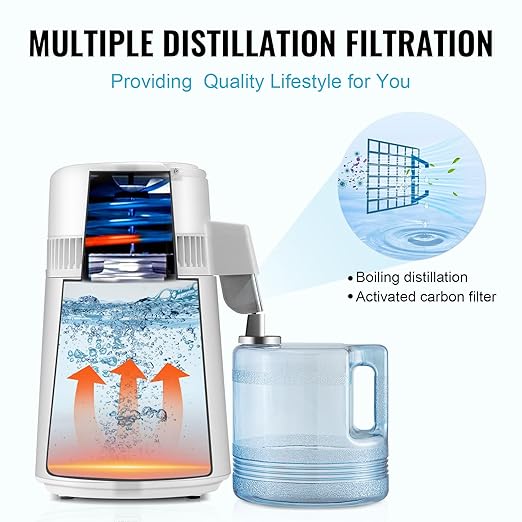 VEVOR Water Distiller, 1.1 Gal Distilled Water Machine, 750W Pure Water Distilling w/BPA Free Plastic Container, Water Distillation Kit w/Button, Countertop Distilled Water Maker for Home, White