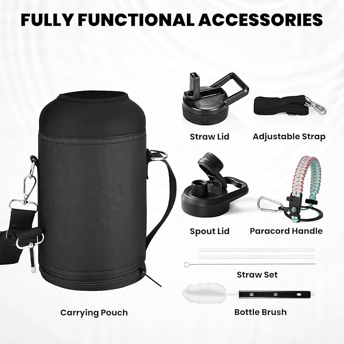 Insulated Water Bottle 64 oz, Triple Wall Vacuum Stainless Steel (Cold for 48 Hrs), Leak Proof & Non-BPA, Half Gallon Water Flask Jug with Paracord Handle & Straw Spout Lids, Hydrangea-FlexoryFit