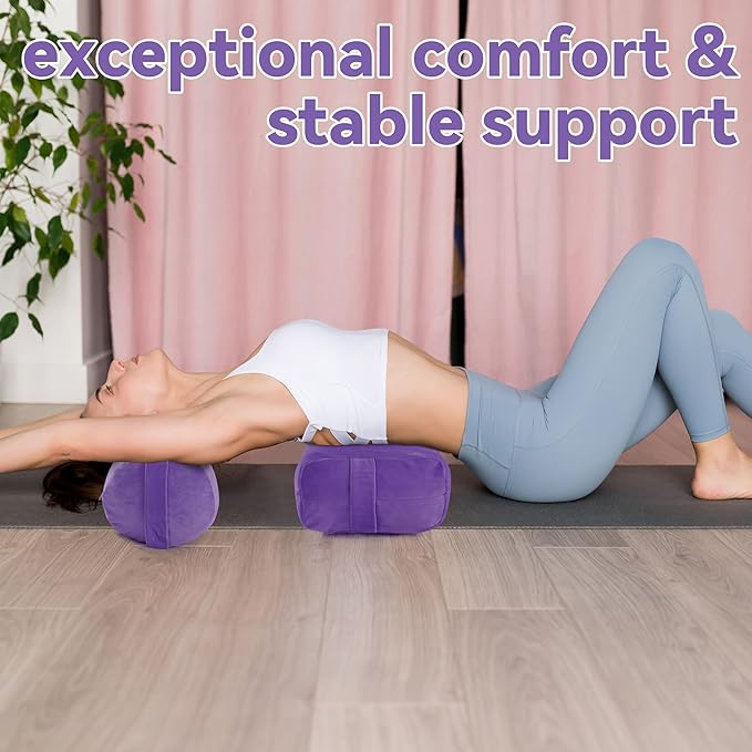 ROYALAY 2 Pcs Yoga Bolster Pillow for Restorative Yoga, Rectangular and Cylinder Meditation Pillow Set with Carrying Handles, Supportive Cushion for Exercise Workout Stretching Meditation,Purple-FlexoryFit