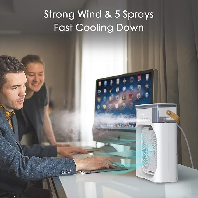 Portable Air Conditioner Fan, Mini Evaporative Air Cooler with 7 Colors LED Light, 1/2/3 H Timer, 3 Wind Speeds and 3 Spray Modes for Your Desk, Nightstand, or Coffee Table
