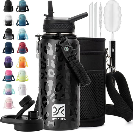 Insulated Water Bottle | Thickened Stainless Steel Vacuum Metal | Portable Sports Water Jug for Gym and Hiking with Straw, Carrier Bag, Handle Strap | BPA-Free 32 oz-FlexoryFit