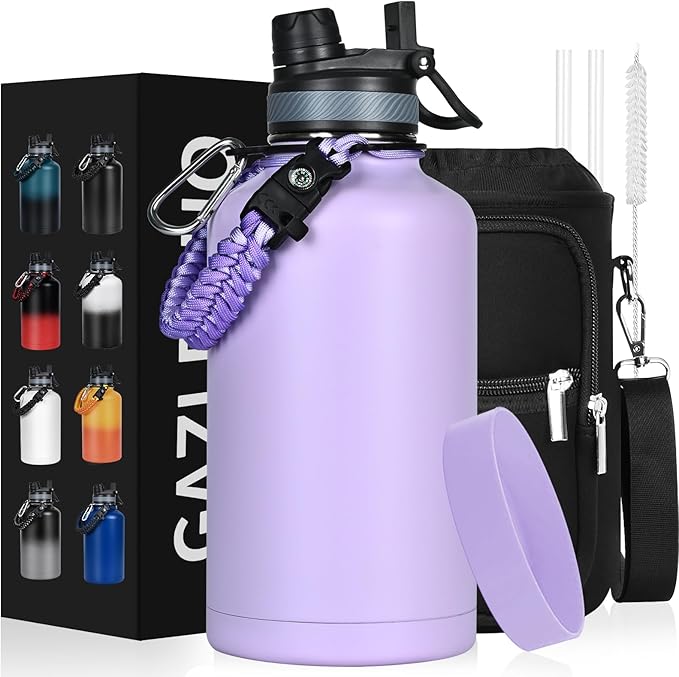 Insulated Water Bottle 64 oz, Half Gallon Water Jug Cold 48H, BPA Free Stainless Steel Bottles with Straw/Chug 2-in-1 Lid, Bag, Paracord Handle, Silicone Boot, Sports Gym School Metal Flask-FlexoryFit