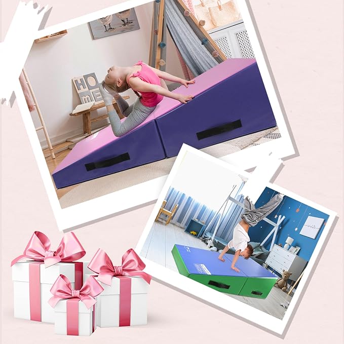 Kangaroo Hoppers Incline Gymnastics Mat, 48”x24”x14” / 56"x28"x15" / 34”x24”x13” Folding Wedge for Kids Tumbling, Skill Training, Multiple Colors Cheese Mat for Gymnastics, Home Gym Exercise-FlexoryFit