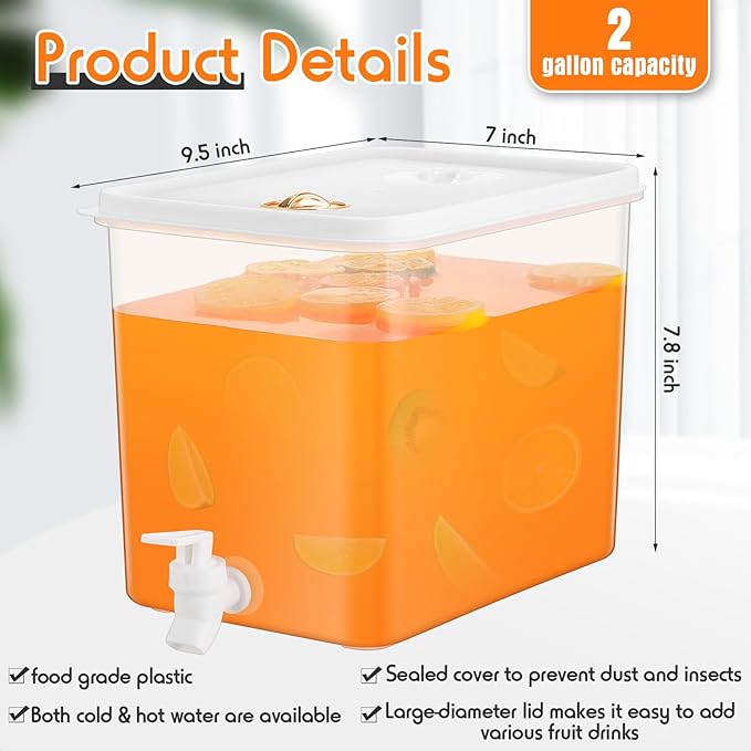 Domensi 4 Pack 2 Gallon Fridge Beverage Drink Dispenser with Spigot Leak-proof Lids Filter Screen Juice Container Sealed Plastic Lemonade Water Milk Cold Hot Drink Tea Jug for Party Daily Use