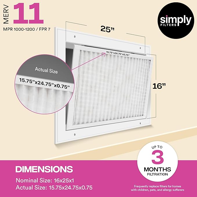 Simply 16x25x1 Air Filter, Merv 11, MPR 1000, 12 Pack, For Home AC Furnace & HVAC (Actual Size: 15.75"x24.75"x0.75") DUST, Pet, & Allergy Control
