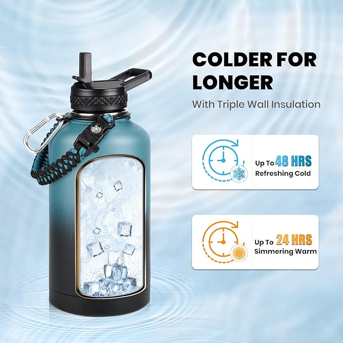 Insulated Water Bottle 64 oz, Triple Wall Vacuum Stainless Steel (Cold for 48 Hrs), Leak Proof & Non-BPA, Half Gallon Water Flask Jug with Paracord Handle & Straw Spout Lids-FlexoryFit