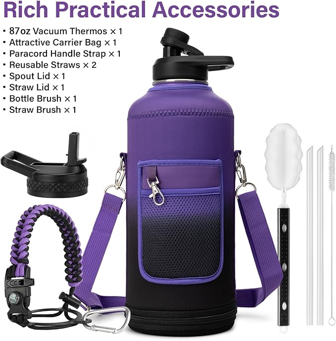 Insulated Water Bottle | Thickened Stainless Steel for Gym and Hiking with Straw, Carrier Bag, Handle Strap | BPA-Free 87 oz-FlexoryFit