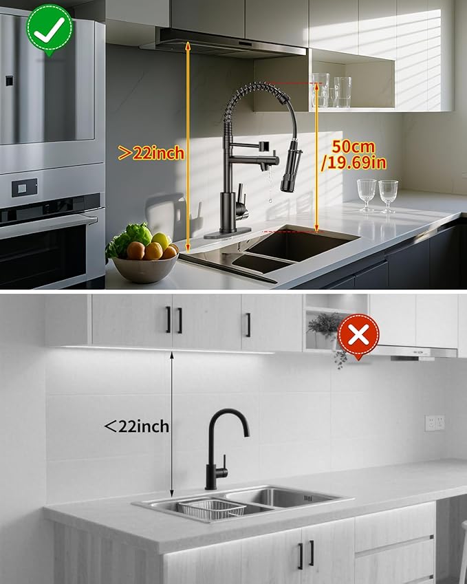 Commercial Pull-Down Kitchen Sink Faucet - Single Handle, Dual Spout, Stainless Steel, with Countertop & Sprayer (Black-03)