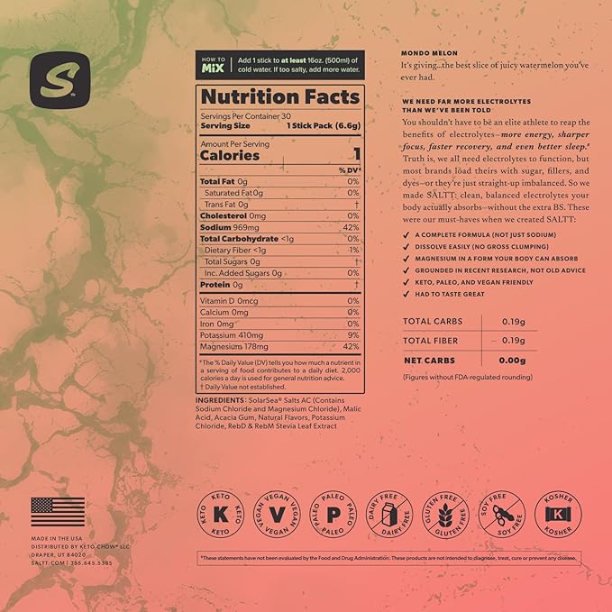 Keto Chow SALTT Electrolytes Powder Packets, Mondo Melon (30 Hydration Packets) - Magnesium, Potassium, Sodium, Trace Minerals - Vegan, Sugar Free, Gluten Free - Travel Essentials - Made in USA-FlexoryFit