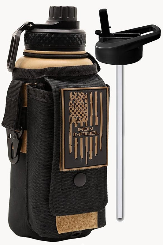 Iron Infidel Battle Bottle - 32 Oz Insulated Water Bottle with Straw Lid & Chug Cap, Stainless Steel Metal Flask Includes Rugged, Removable Sleeve for Keys, Wallet, & Phone (Brown Recluse 1 Liter)-FlexoryFit