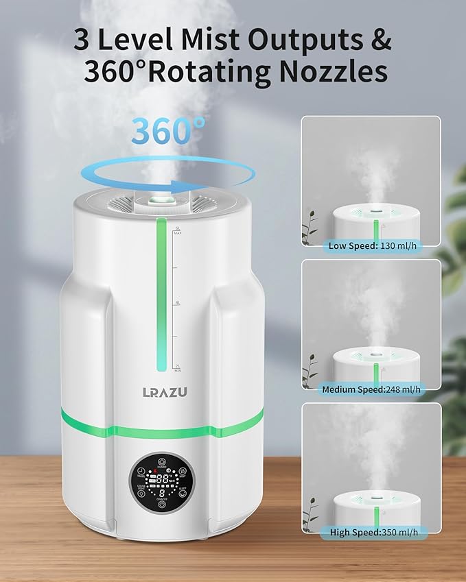 6L Cool Mist Humidifier with Smart Humidistat, Ultra Quiet 22dB for Large Bedroom and Baby Nursery, 50H Runtime, Top Fill, Essential Oil Diffuser, Remote Control, White