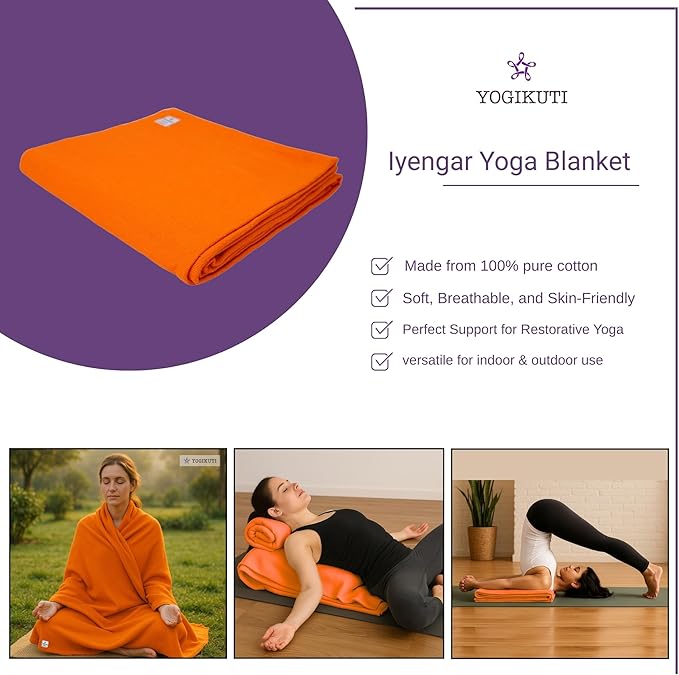Yogikuti Iyengar Cotton Yoga Blanket Set of One – Thick Handwoven Yoga Blankets for Restorative Yoga, Meditation & Pranayama – Premium Cotton Yoga Blanket for Support & Comfort in Pranayama (Orange)-FlexoryFit