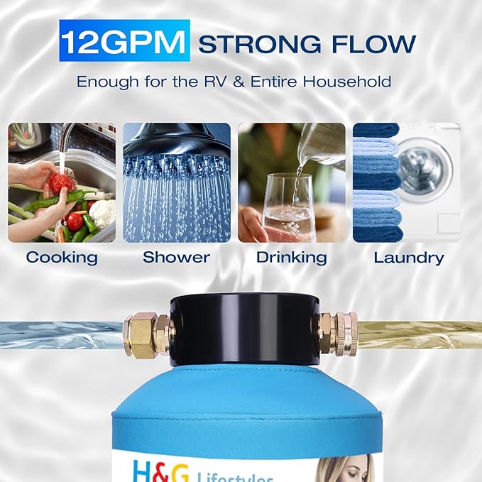 H&G lifestyles ‎Portable Water Filter for RV Water Filtration System KDF Carbon Reduce Bad Taste Odor Chlorine Sediment with 3/4" Brass Adapter Water Hose for Drinking Camping