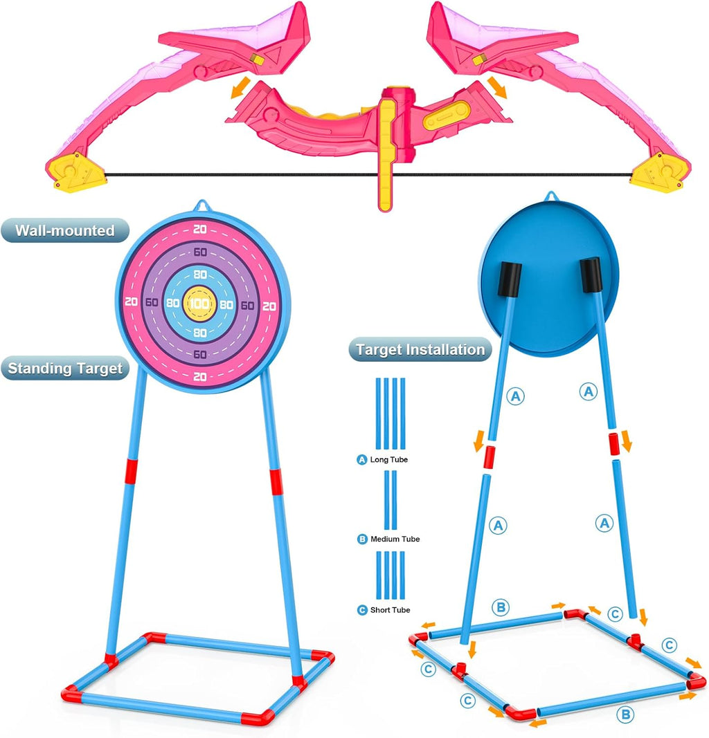 2 Pack Kids Bow and Arrow Set, Pink Light Up Archery Toy Set, 2 Foam Dart Blaster & 6 Target Cans Toys for Ages 5-7, Kids Indoor Outdoor Birthday Gifts Ideas for Boys Girls 4 5 6 7 8 9 10 Year Old