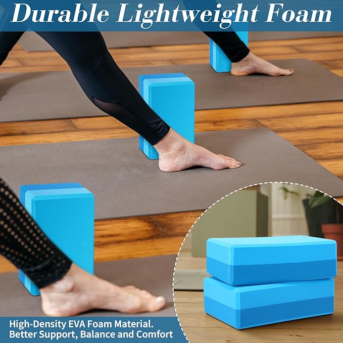 Liliful 10 Pcs Yoga Blocks Bulk Eva Foam Exercise Yoga Brick Soft Non Slip Surface Foam Blocks High Density Yoga Accessories for Workout Stability Balance Deepen Stretches Pilates 9''x6''x3''(Blue)-FlexoryFit