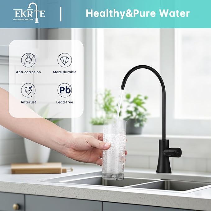 EKRTE Matte Black Drinking Water Faucet for Kitchen Sink, Brass Kitchen Water Filter Faucet,Commercial Water Filtration Faucet for Under Sink Water Filter System, Solid Brass RO Faucet in Matte Black
