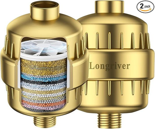 R7 Shower Filter High Put Shower Water Filter for Hard Water 99.99% Remove Chlorine, Shower Water Softener, Improve your skin and hair, Bathroom Fixture Hardware Parts, Brushed Gold, 2 Pack