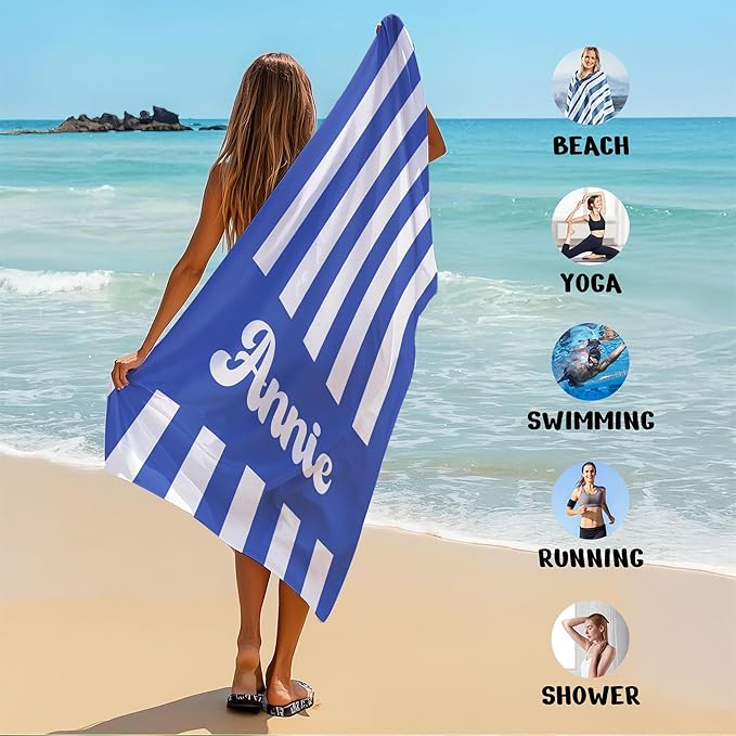 JML Personalized Beach Towel with Name, Custom Cabana Stripe Beach Towel, Customized Microfiber Pool Towel, Quick Dry & Absorbent Swim Towel for Adult,Mother's Day, Birthday, Summer Holiday,Vacation-FlexoryFit