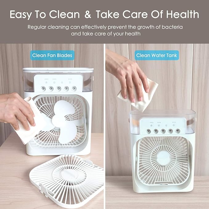 Portable Air Conditioner Fan, Mini Evaporative Air Cooler with 7 Colors LED Light, 1/2/3 H Timer, 3 Wind Speeds and 3 Spray Modes for Your Desk, Nightstand, or Coffee Table