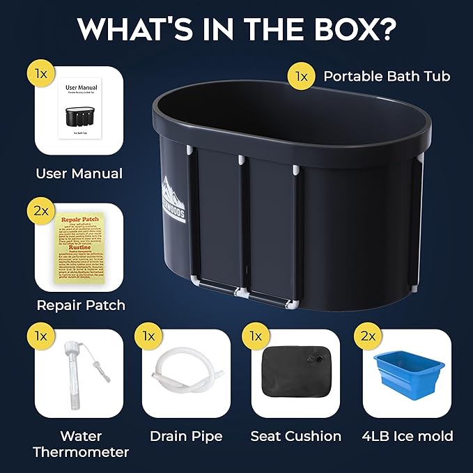 XL Ice Bath Tub For Athletes - 129 Gallon Oval Shaped Durable Frame - Recovery Cold Plunge & Cold Water Therapy - Portable Build - Easy Installation - Includes Two Collapsible Ice Molds & Thermometer