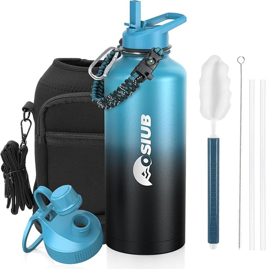 Insulated Water Bottle 87 oz, Triple Wall Vacuum Stainless Steel(Cold for 48 Hrs),Leak Proof & BPA-Free,Half Gallon Water Bottle with Reflective Paracord & Flip Straw for Sports & Travel, Indigolack-FlexoryFit