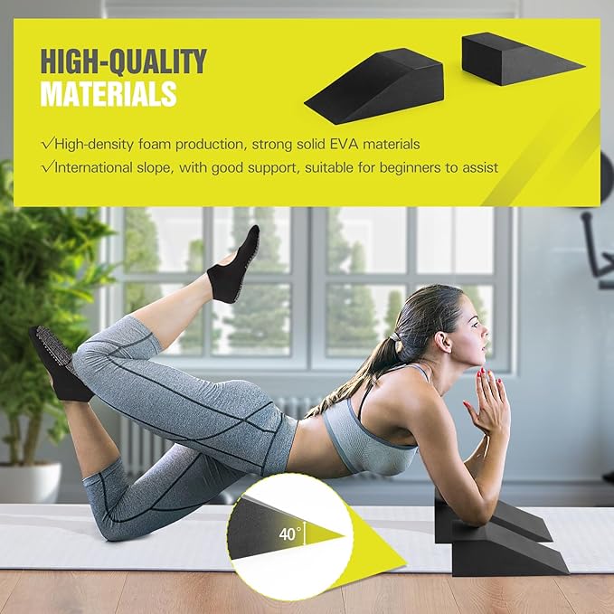 Foam Wedge Slant Board, 2 Pack Squat Wedge for Yoga, Calf Stretching, Physical Therapy & Foot Rehabilitation - Exercise Blocks for Squats, Balance, Pushup & Pilates (Black)-FlexoryFit