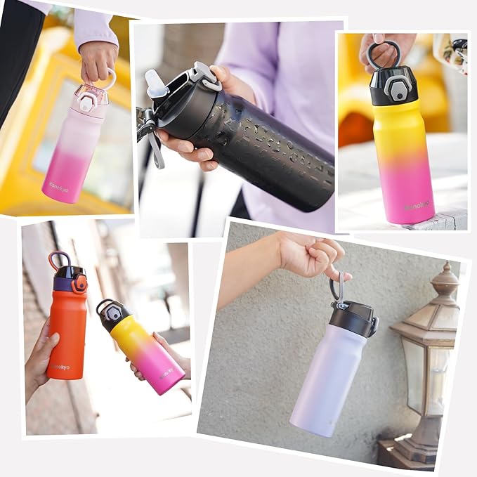 Insulated Water Bottle with Straw and Carry Loop,18 oz Stainless Steel Double Wall Vaccum Metal Water Flask with Leak-proof Lid,Blue White Plaid-FlexoryFit