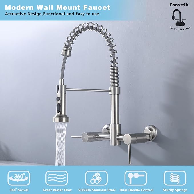 Wall Mount Kitchen Faucet, 8 Inch Center Wall Mount Kitchen Sink Faucet with Pull Down Sprayer Commercial, Brushed Nickel