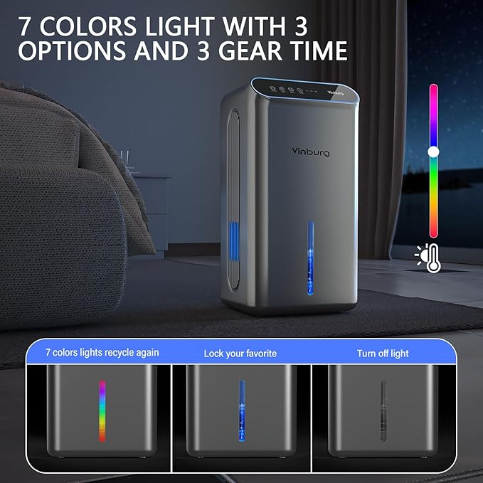 Dehumidifiers for Home (85 OZ Water Tank, 800 sq.ft) Quiet Small Dehumidifier for Basement Bedroom Bathroom with Drain Hose, 3 Gear Timer, Sleep Mode, Auto Shut Off, 7 Color Ambient Light
