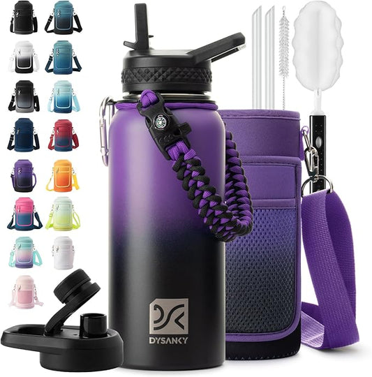 Insulated Water Bottle | Thickened Stainless Steel Vacuum Metal | Portable Sports Water Jug for Gym and Hiking with Straw, Carrier Bag, Handle Strap | BPA-Free 32 oz-FlexoryFit