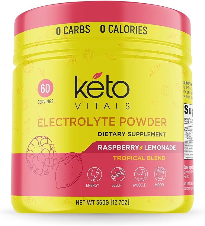 Keto Vitals Electrolytes Powder - Sugar Free Keto Electrolytes Powder with Potassium, Magnesium, Sodium, & Calcium - No Sugar Electrolyte Drink Mix & Hydration Powder, 60 Servings, Raspberry Lemonade-FlexoryFit