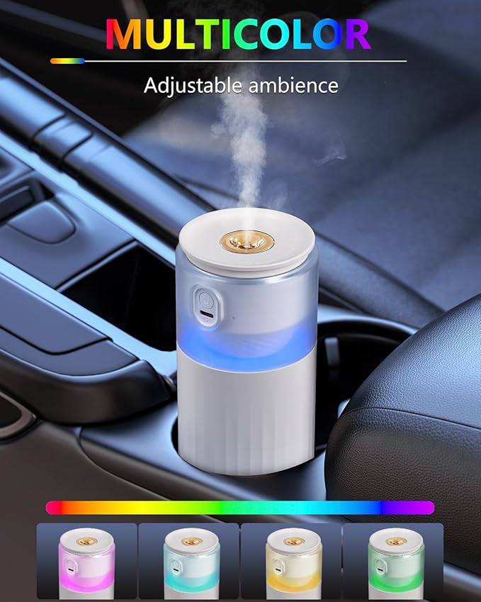 OATSBASF Portable Mini Humidifier, Small Cool Mist for Car With Night Light, 28dB Quiet Air Humidifier for Bedroom, Office, Plants, Dorm, 2 Mist Modes, Easy to Fill and Clean (White)