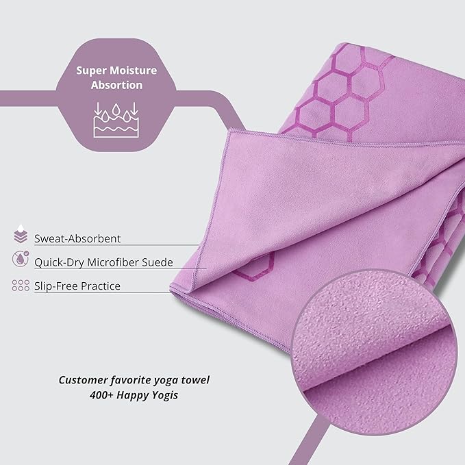 Clever Yoga Non-Slip Hot Yoga Towel – Non-Slip Grip for Hot Yoga, Sweat Absorbent, Honeycomb Silicone Grip, Stays Flat – Ideal for Pilates, Travel, Washable & Lightweight - Lilac-FlexoryFit