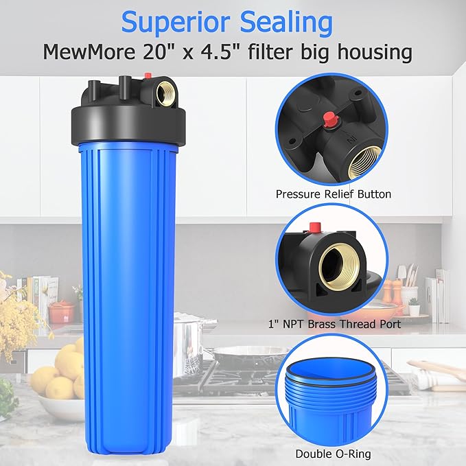 WHB20 Whole House Water Filter Housing, Fit 20"x4.5" Sediment etc Filters for Well and City Water, Big Filter Blue Pre-Filtration System for Home, 1" NPT Port, Pressure Release