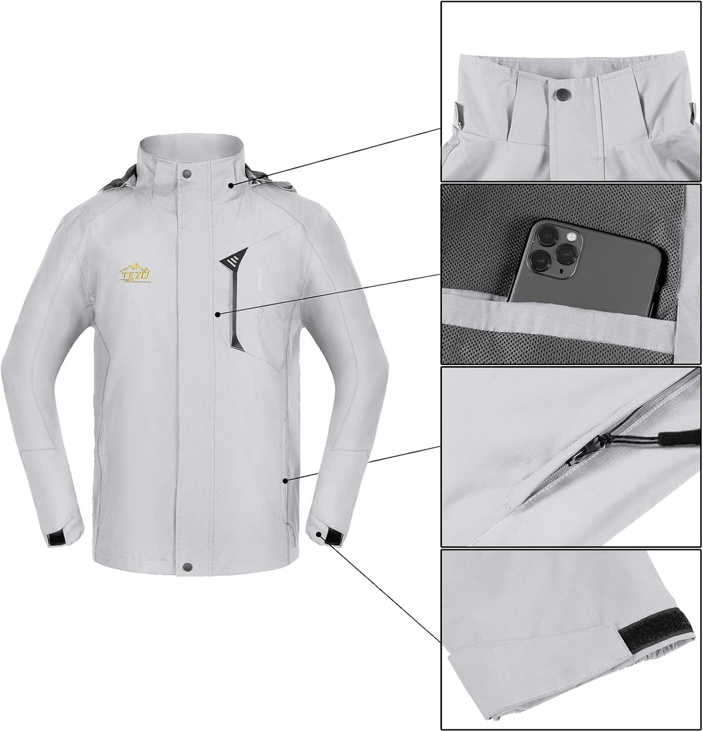 TEZO Mens Rain Jacket Waterproof with Hooded Hiking Coat Lightweight Windbreaker