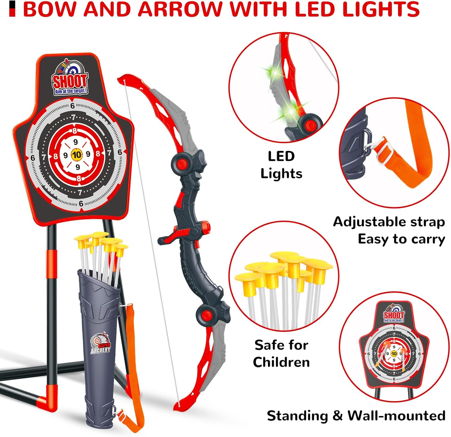 GMAOPHY Bow and Arrow for 5 6 7 8 9 10 11+ Year Old Boys, Birthday Gift for Kids, Indoor Outdoor Activity Toys, 2 Pack LED Light Up Archery Toy with 20 Suction Cup Arrows, Standing Target, 2 Quiver