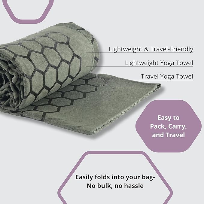 Clever Yoga Non-Slip Hot Yoga Towel – Non-Slip Grip for Hot Yoga, Sweat Absorbent, Honeycomb Silicone Grip, Stays Flat – Ideal for Pilates, Travel, Washable & Lightweight - Olive-FlexoryFit