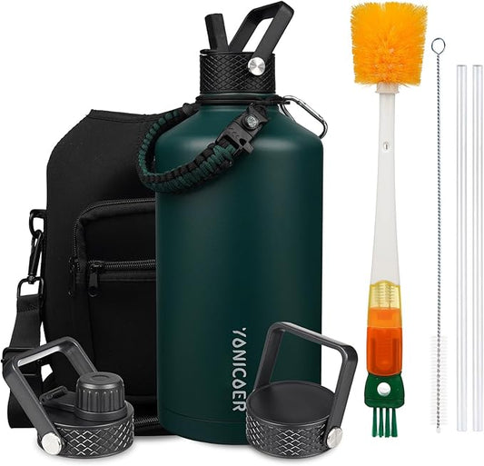 Insulated Water Bottle 64oz,Triple Wall Vacuum Stainless Steel(Dishwasher Safe),Leak Proof & Non-BPA,Flask Jug with Paracord Handle & Straw Spout Lids Sports-FlexoryFit