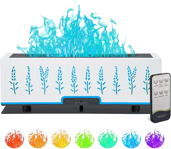 Colorful Essential Oil Diffuser, 7 Colors Flame Diffuser Changing Aromatherapy Diffuser, 200ml Cool Mist Ultrasonic Diffuser for Office, Home,Bedroom (Timeable, Waterless Auto Off- White)