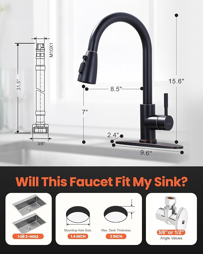 Bronze Kitchen Faucet with Sprayer, WOWOW Stainless Steel Kitchen Sink Faucet Oil Rubbed Bronze, High Arc Pull Down Kitchen Faucets for Sink