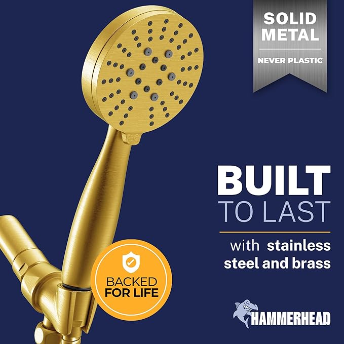 HammerHead Showers® Solid Metal 3-Spray Handheld Shower Head with Long Hose and Holder - BRUSHED GOLD - WIDE, MASSAGE, and MIST Sprays - 1.8 GPM Low Flow Handheld Showerhead - Water Saving Shower Head