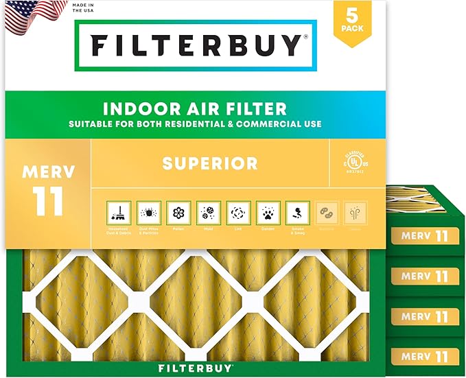 Filterbuy 10x10x2 Air Filter MERV 11 (MPR 1200) Allergen Defense Replacement (5-Pack), Electrostatic Pleated HVAC AC Furnace Filters, Made in USA (Actual Size: 9.50 x 9.50 x 1.75)