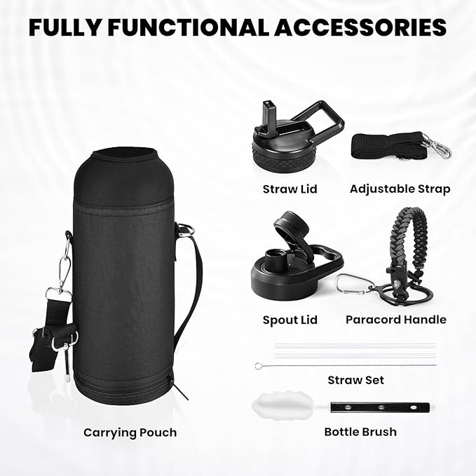 Insulated Water Bottle 40 oz, Triple Wall Vacuum Stainless Steel (Cold for 48 Hrs), Leak Proof & Non-BPA, Modern Water Flask Jug with Paracord Handle & Straw Spout Lids, Dark Grey-FlexoryFit