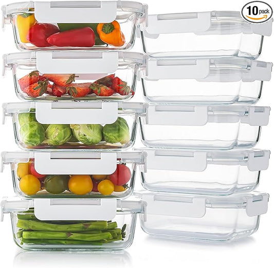 10 Pack 22 Oz Glass Meal Prep Containers with Lids, Reusable Glass Food Storage Containers with Lids, Leak Proof, Microwave, Oven, Freezer and Dishwasher Safe (White)-FlexoryFit