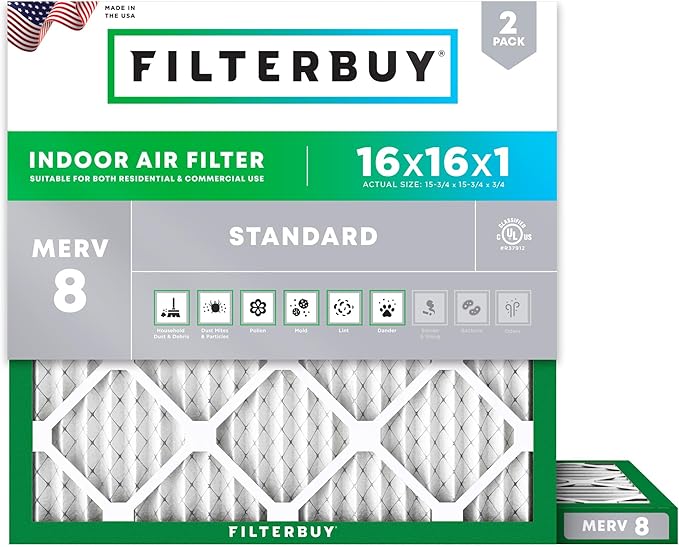 Filterbuy 16x16x1 Air Filter MERV 8 (MPR 700) Dust Defense Replacement (2-Pack), Electrostatic Pleated HVAC AC Furnace Filters, Made in USA (Actual Size: 15.75 x 15.75 x 0.75)