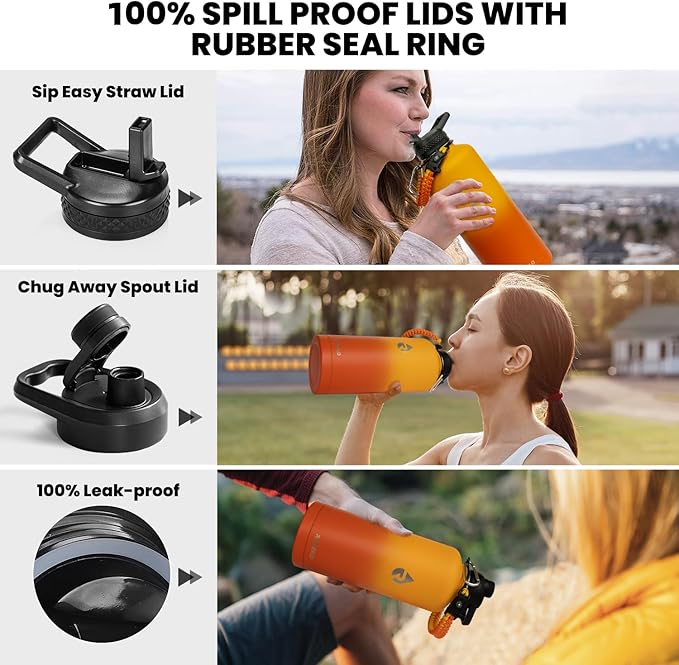 Insulated Water Bottle 87 oz, Triple Wall Vacuum Stainless Steel (Cold for 48 Hrs), Leak Proof & Non-BPA, Modern Water Flask Jug with Paracord Handle & Straw Spout Lids, Ombre Orange-FlexoryFit