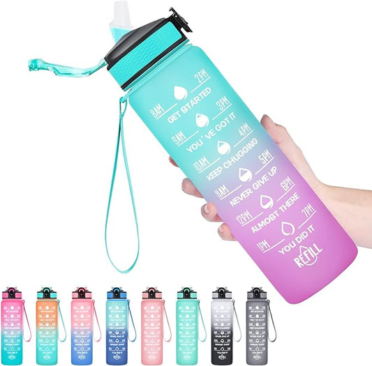 Hyeta 32 oz Water Bottles with Times to Drink and Straw, Motivational Water Bottle with Time Marker, Leakproof, Drinking Sports Water Bottle for Fitness, Gym and Outdoor-FlexoryFit