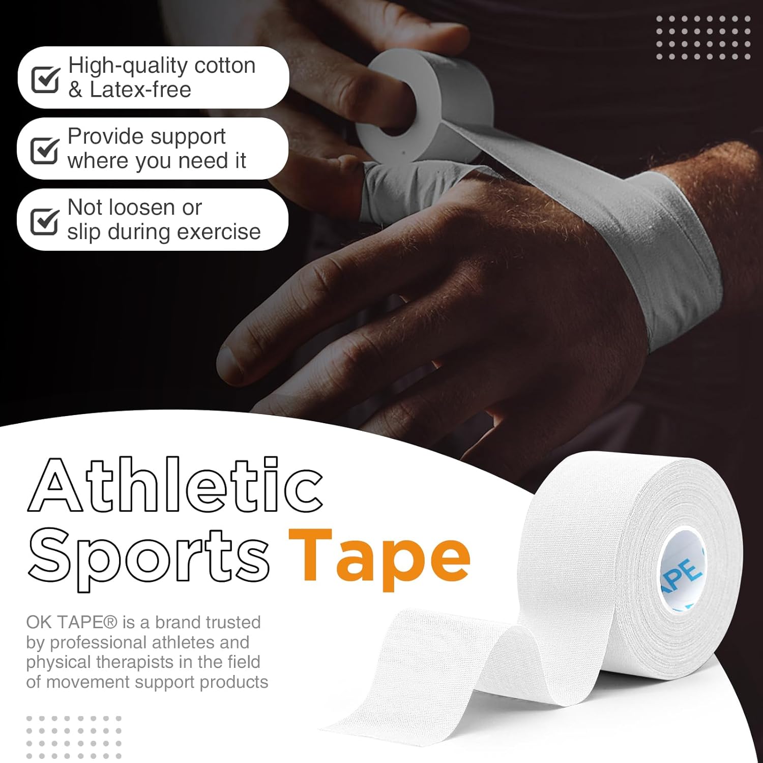 OK TAPE 4 Rolls White Athletic Tape, Sports Tape, Very Strong Easy Tear Wrist Ankle Tape, No Sticky Residue | Athletes, Medical, Athletic Trainers- 1.5inch x 15yards